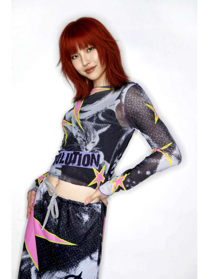 Y2K Millennium Print Long Sleeve Mesh Top【s0000014915】