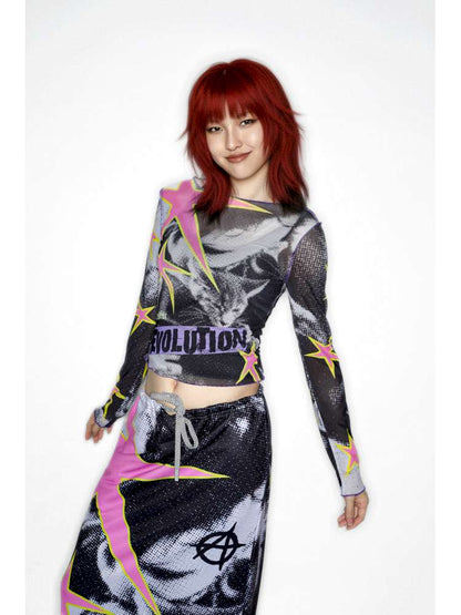 Y2K Millennium Print Long Sleeve Mesh Top【s0000014915】