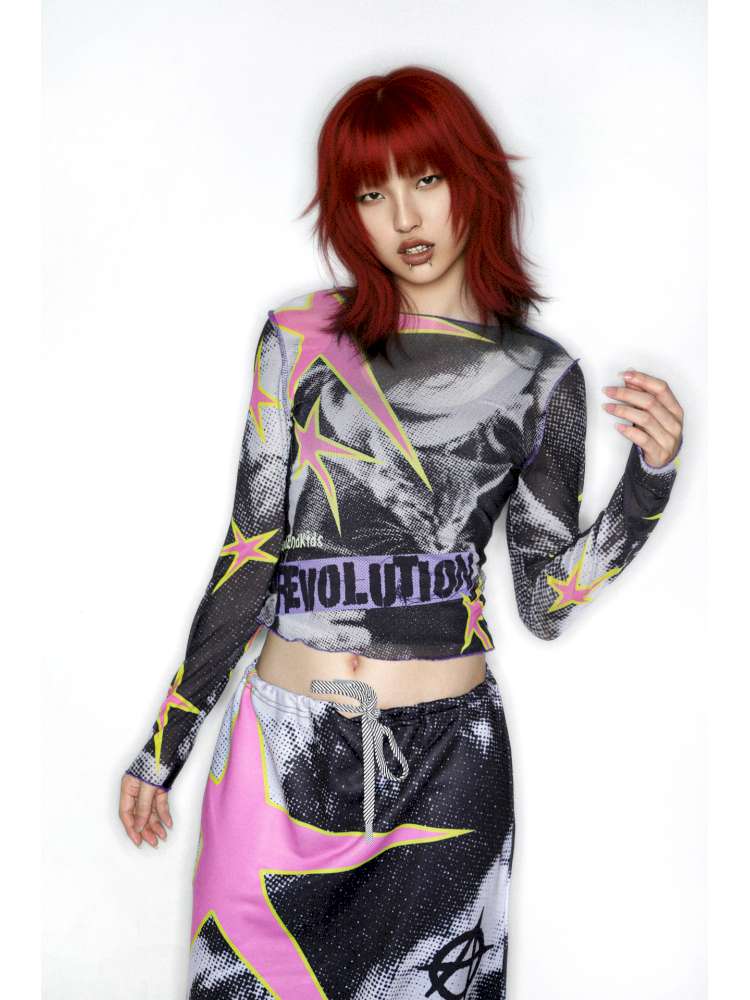 Y2K Millennium Print Long Sleeve Mesh Top【s0000014915】