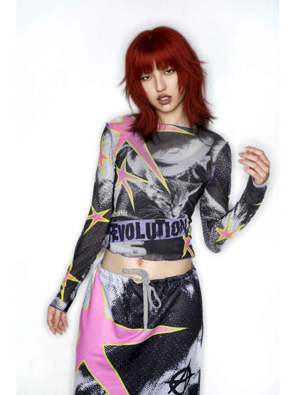 Y2K Millennium Print Long Sleeve Mesh Top【s0000014915】