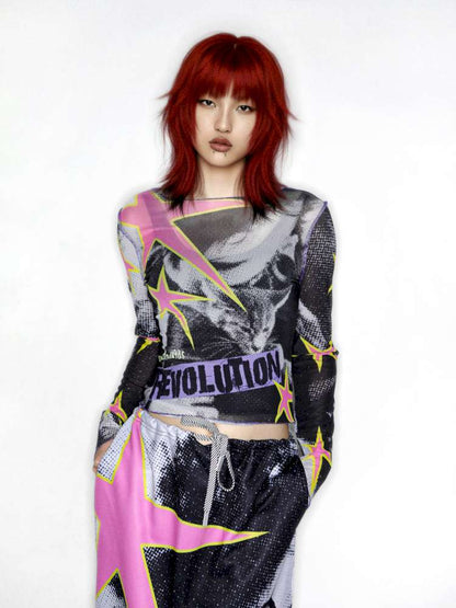 Y2K Millennium Print Long Sleeve Mesh Top【s0000014915】