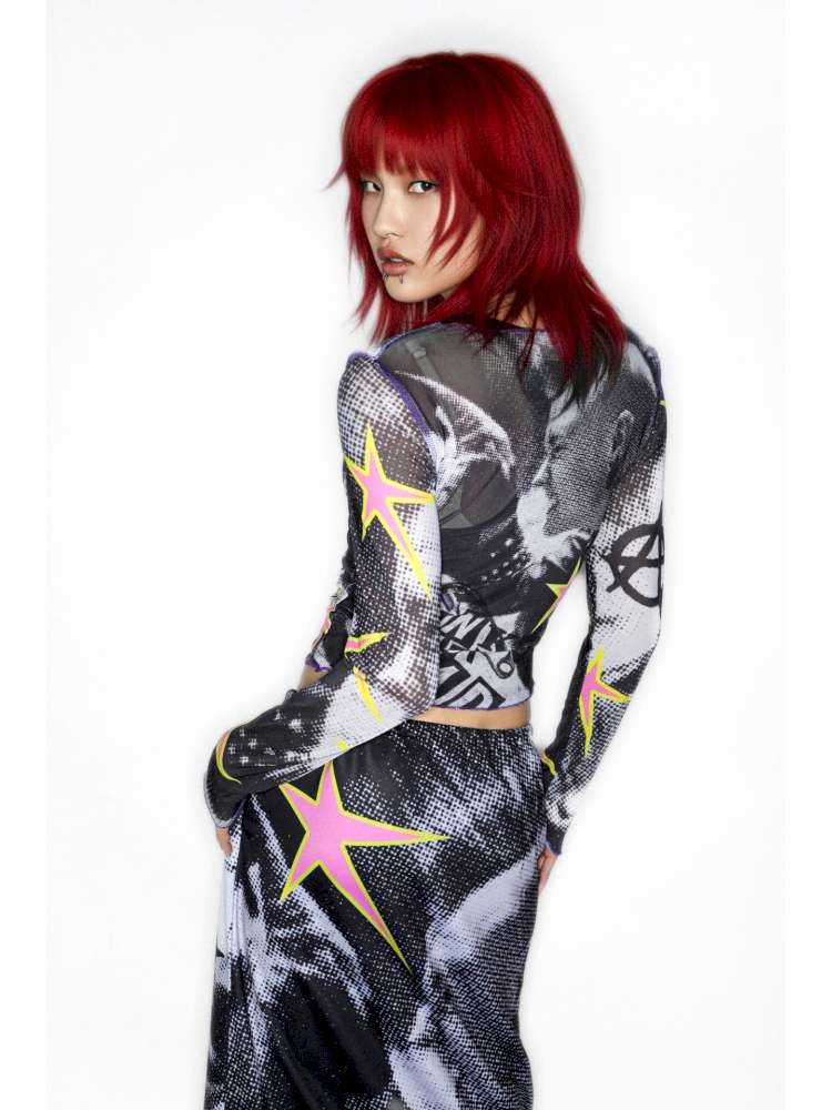Y2K Millennium Print Long Sleeve Mesh Top【s0000014915】