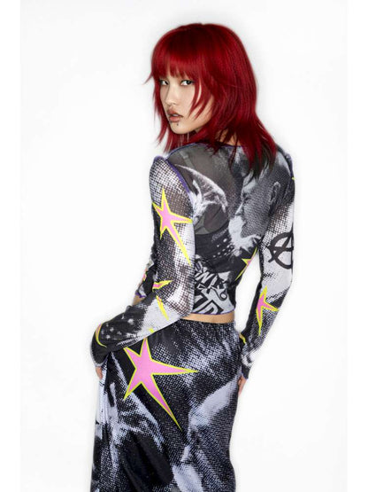 Y2K Millennium Print Long Sleeve Mesh Top【s0000014915】
