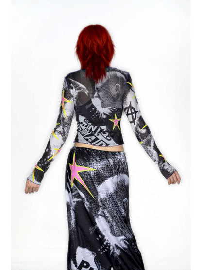 Y2K Millennium Print Long Sleeve Mesh Top【s0000014915】