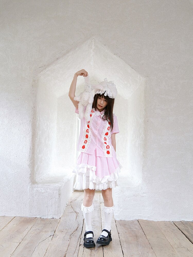 Plaid Lace Bow Short Sleeve Shirt【s0000018541】