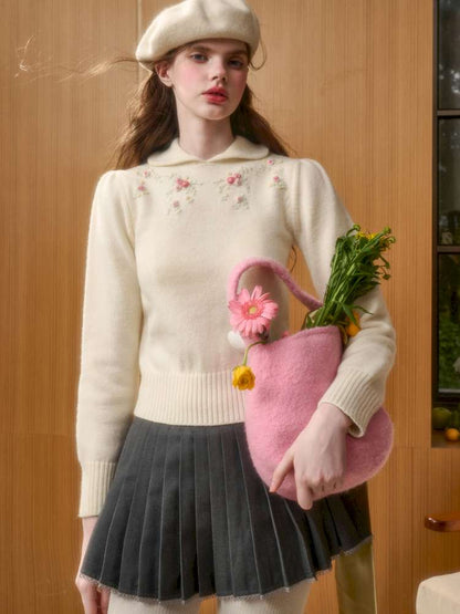 Wool Warm Hand-Embroidered Doll Collar Knit【s0000014893】