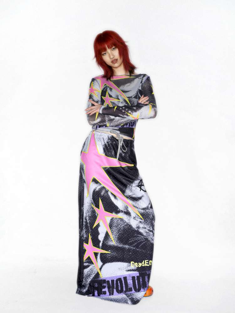 Y2K Millennium Print Long Sleeve Mesh Top【s0000014915】