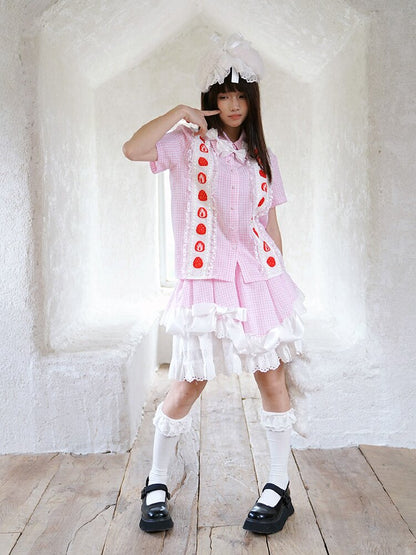 Plaid Lace Bow Short Sleeve Shirt【s0000018541】