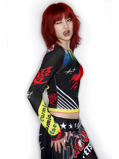 Y2K Millennium Print Long Sleeve Mesh Top【s0000014915】