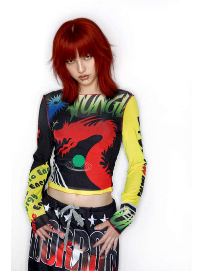 Y2K Millennium Print Long Sleeve Mesh Top【s0000014915】