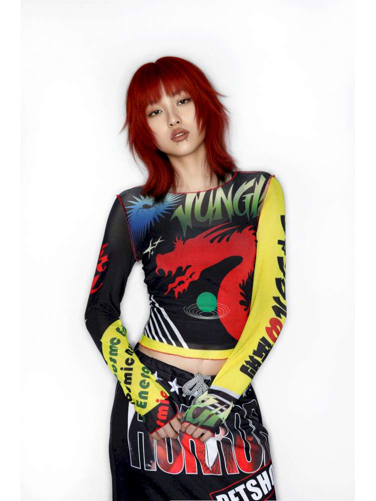 Y2K Millennium Print Long Sleeve Mesh Top【s0000014915】