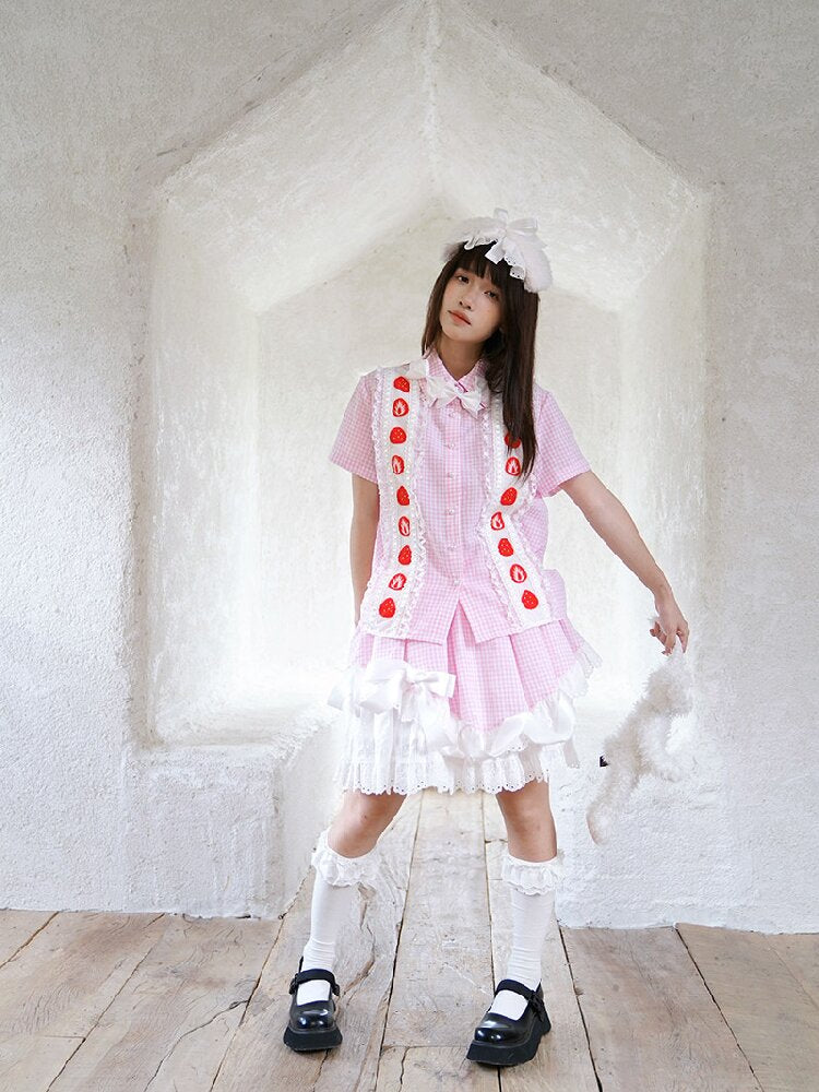 Plaid Lace Bow Short Sleeve Shirt【s0000018541】