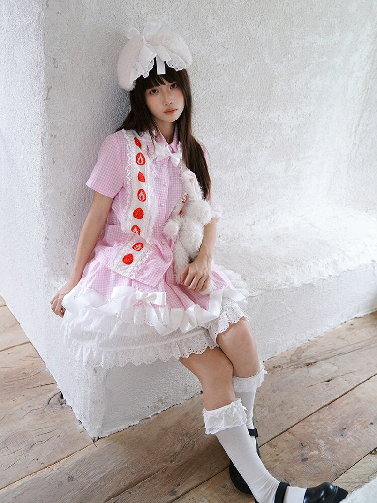 Plaid Lace Bow Short Sleeve Shirt【s0000018541】
