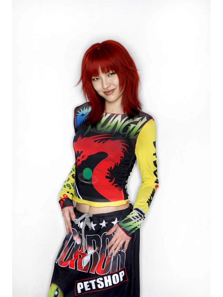Y2K Millennium Print Long Sleeve Mesh Top【s0000014915】