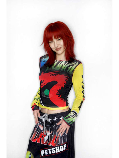 Y2K Millennium Print Long Sleeve Mesh Top【s0000014915】