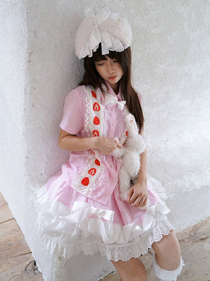 Plaid Lace Bow Short Sleeve Shirt【s0000018541】