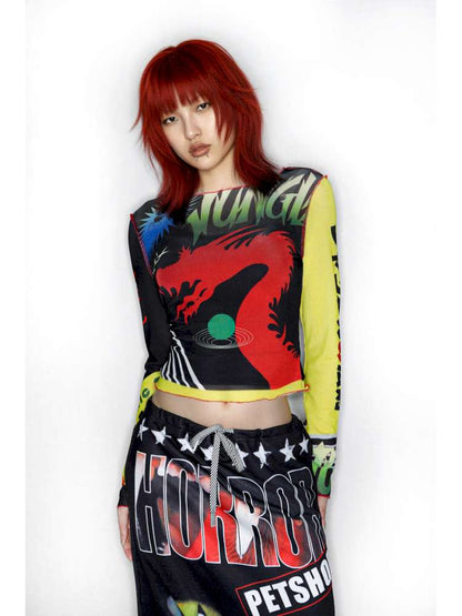 Y2K Millennium Print Long Sleeve Mesh Top【s0000014915】
