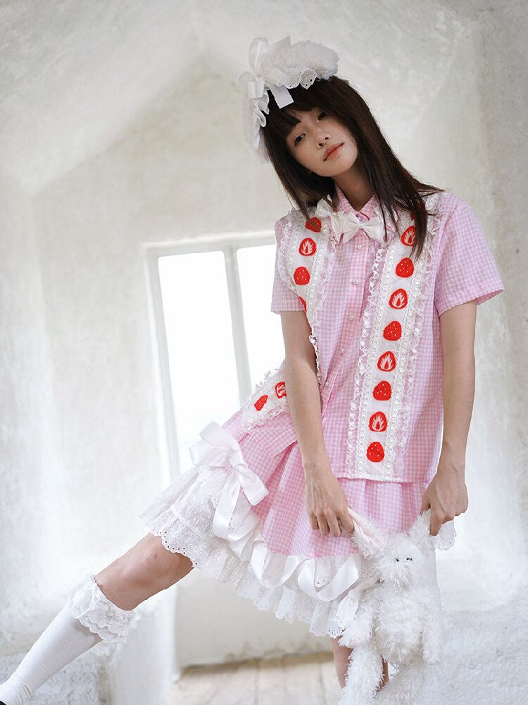 Plaid Lace Bow Short Sleeve Shirt【s0000018541】