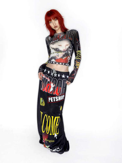 Y2K Millennium Print Long Sleeve Mesh Top【s0000014915】