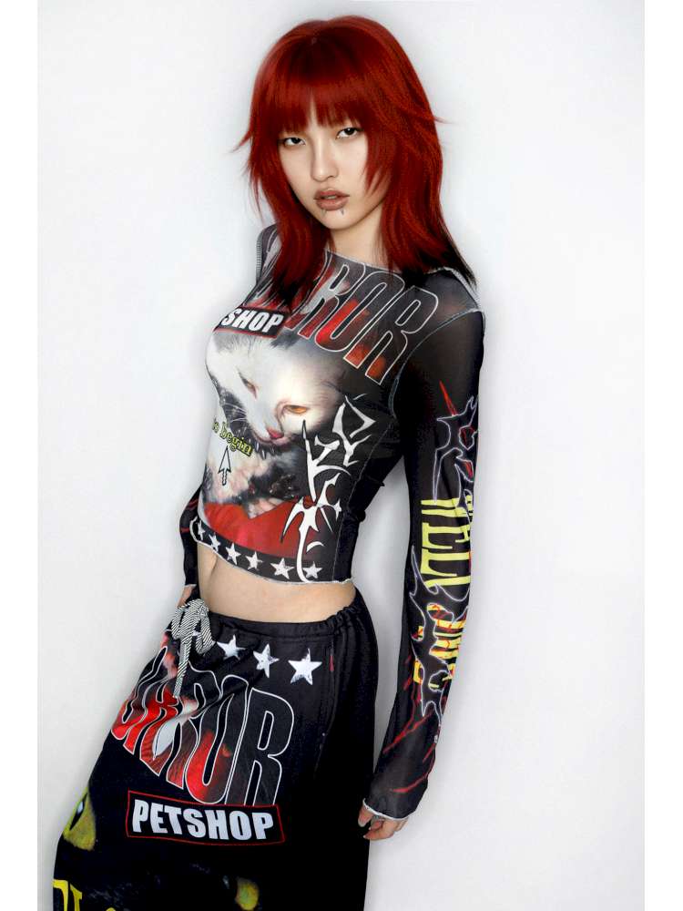 Y2K Millennium Print Long Sleeve Mesh Top【s0000014915】