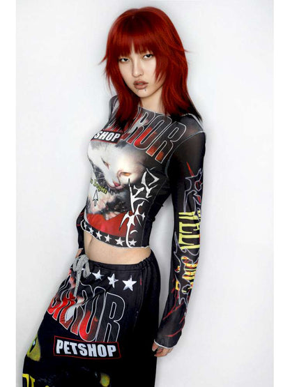 Y2K Millennium Print Long Sleeve Mesh Top【s0000014915】