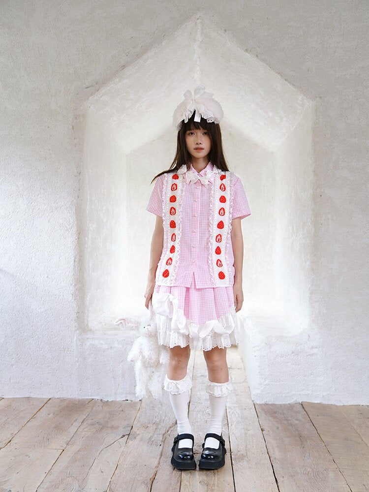 Plaid Lace Bow Short Sleeve Shirt【s0000018541】