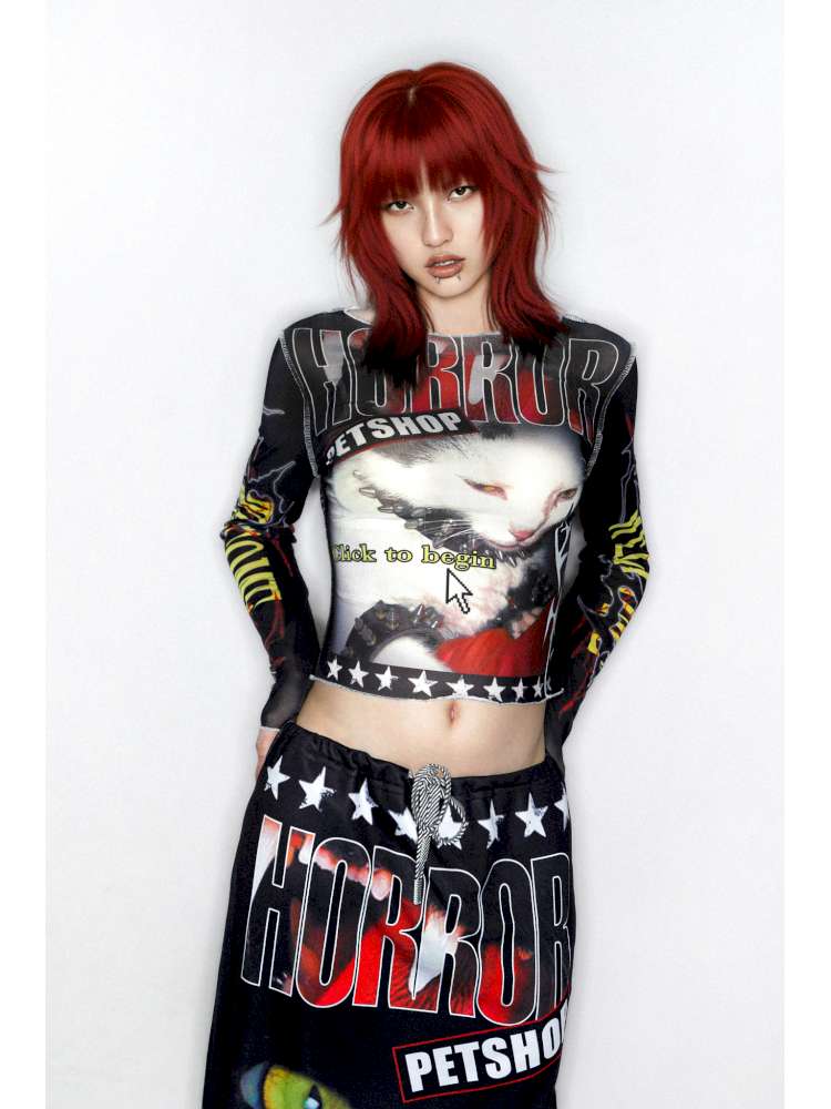 Y2K Millennium Print Long Sleeve Mesh Top【s0000014915】