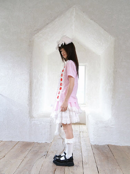 Plaid Lace Bow Short Sleeve Shirt【s0000018541】