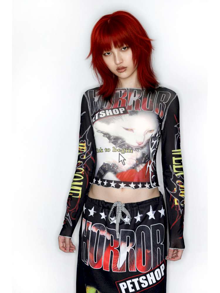 Y2K Millennium Print Long Sleeve Mesh Top【s0000014915