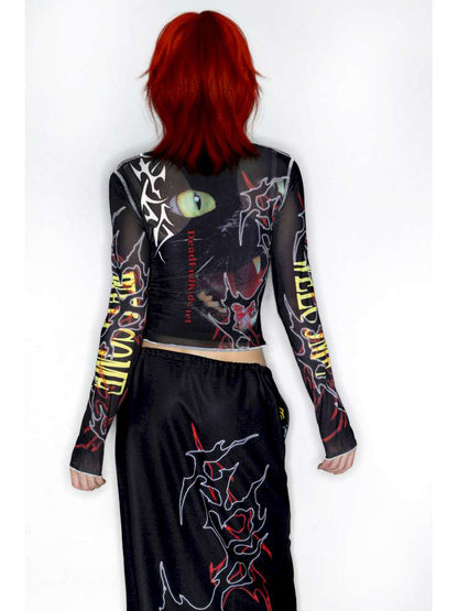 Y2K Millennium Print Long Sleeve Mesh Top【s0000014915】
