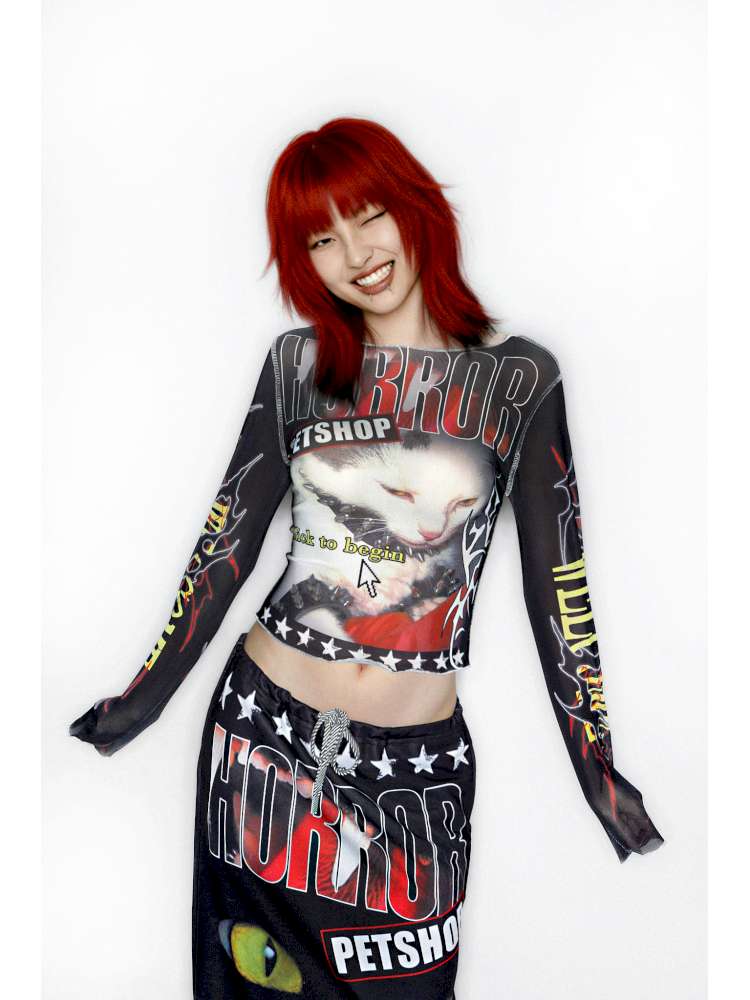 Y2K Millennium Print Long Sleeve Mesh Top【s0000014915】