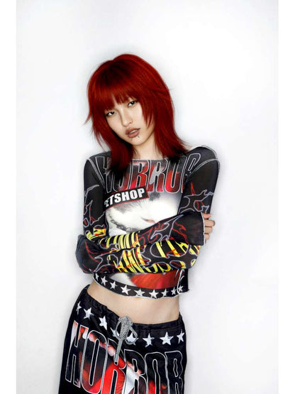 Y2K Millennium Print Long Sleeve Mesh Top【s0000014915】