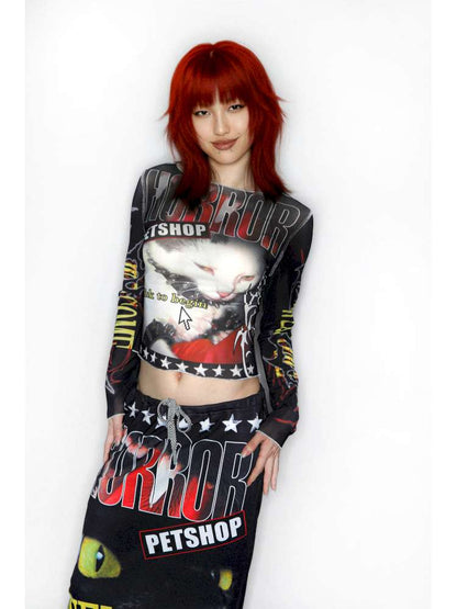 Y2K Millennium Print Long Sleeve Mesh Top【s0000014915】