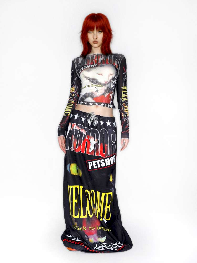 Y2K Millennium Print Long Sleeve Mesh Top【s0000014915】