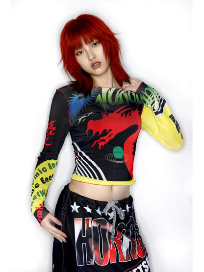Y2K Millennium Print Long Sleeve Mesh Top【s0000014915】