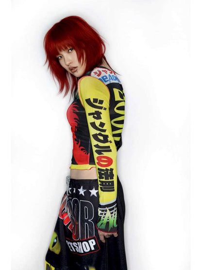 Y2K Millennium Print Long Sleeve Mesh Top【s0000014915】