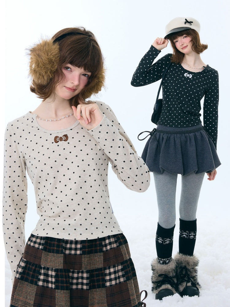 Polka Dot Chain Top Iong Sleeve T-Shirt Slim Knitted Base Shirt【s0000015256】