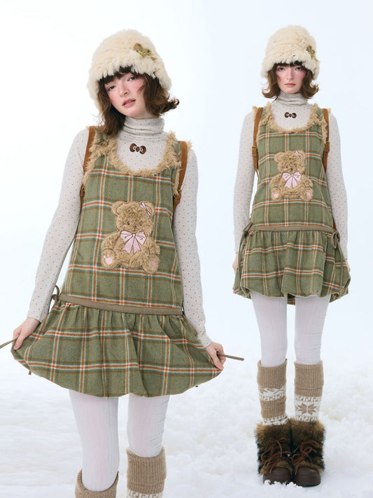 Plaid Plush Bear Pocket Hem Vest Dress【s0000015257】
