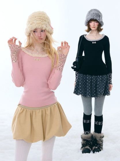 Leopard Print Cuff Long Sleeve T-Shirt Slimming Crew Neck Knitted Base Shirt【s0000015263】