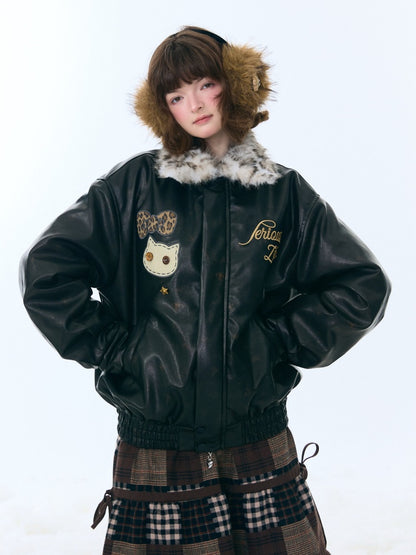 Fur Collar Thickened Leopard Print Plush PU Leather Jacket【s0000015259】
