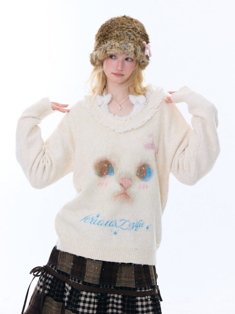 Cat Pattern Plush Collar Lazy Style Soft Waxy Sweater【s0000015261】
