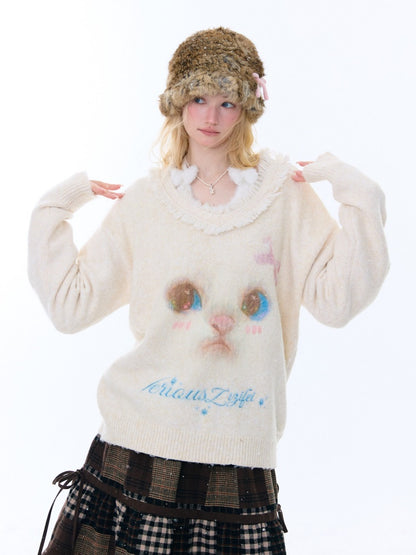 Cat Pattern Plush Collar Lazy Style Soft Waxy Sweater【s0000015261】
