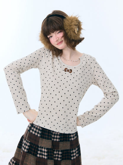 Polka Dot Chain Top Iong Sleeve T-Shirt Slim Knitted Base Shirt【s0000015256】