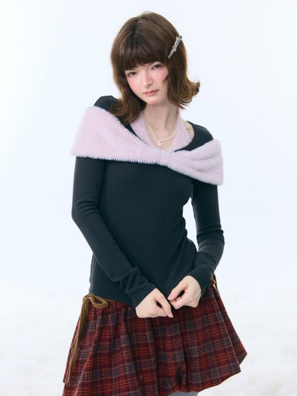 Bow Slim Top Plush Halter-Neck Knitted Base Shirt【s0000015264】