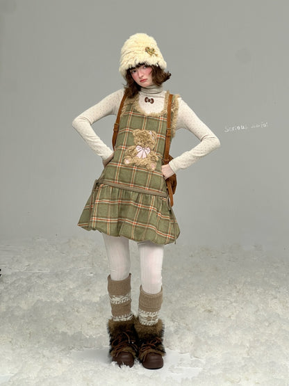 Plaid Plush Bear Pocket Hem Vest Dress【s0000015257】