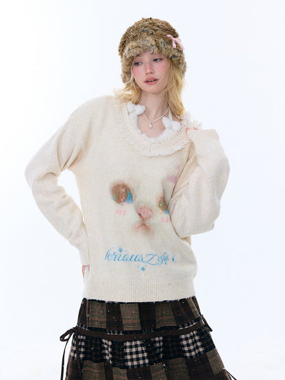 Cat Pattern Plush Collar Lazy Style Soft Waxy Sweater【s0000015261】