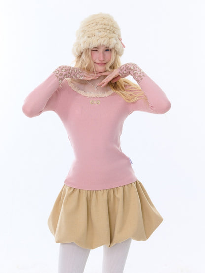 Leopard Print Cuff Long Sleeve T-Shirt Slimming Crew Neck Knitted Base Shirt【s0000015263】