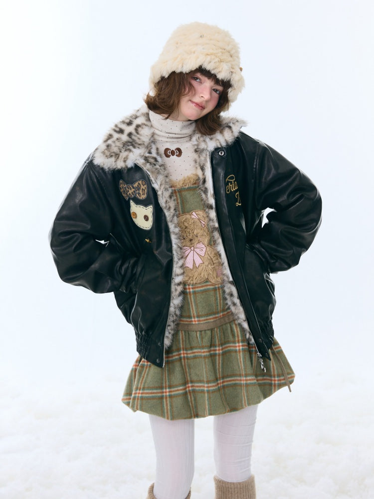 Fur Collar Thickened Leopard Print Plush PU Leather Jacket【s0000015259】