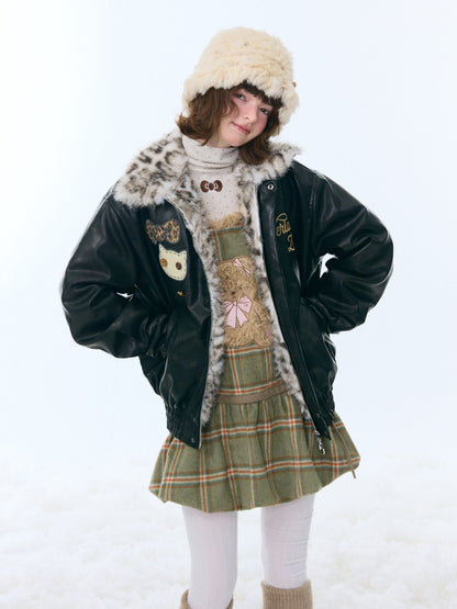 Fur Collar Thickened Leopard Print Plush PU Leather Jacket【s0000015259】