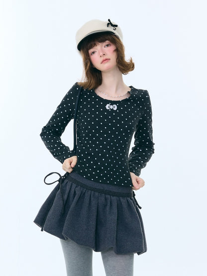 Polka Dot Chain Top Iong Sleeve T-Shirt Slim Knitted Base Shirt【s0000015256】